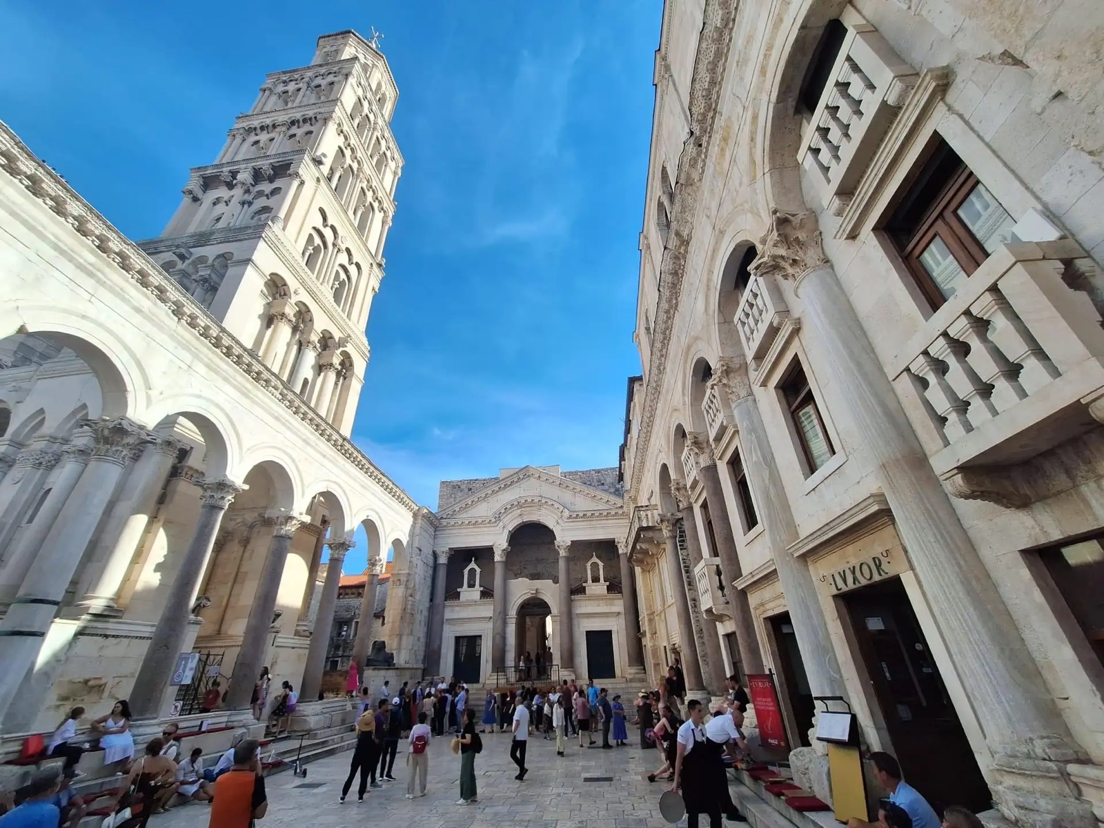 Peristyle square inside Diocletian's Palace with the bell tower of St. Domnius rising above