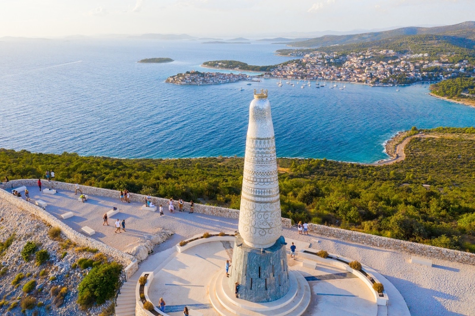 Gospa od Loreta viewpoint over Primošten with the 17-metre Virgin Mary statue and the Adriatic below