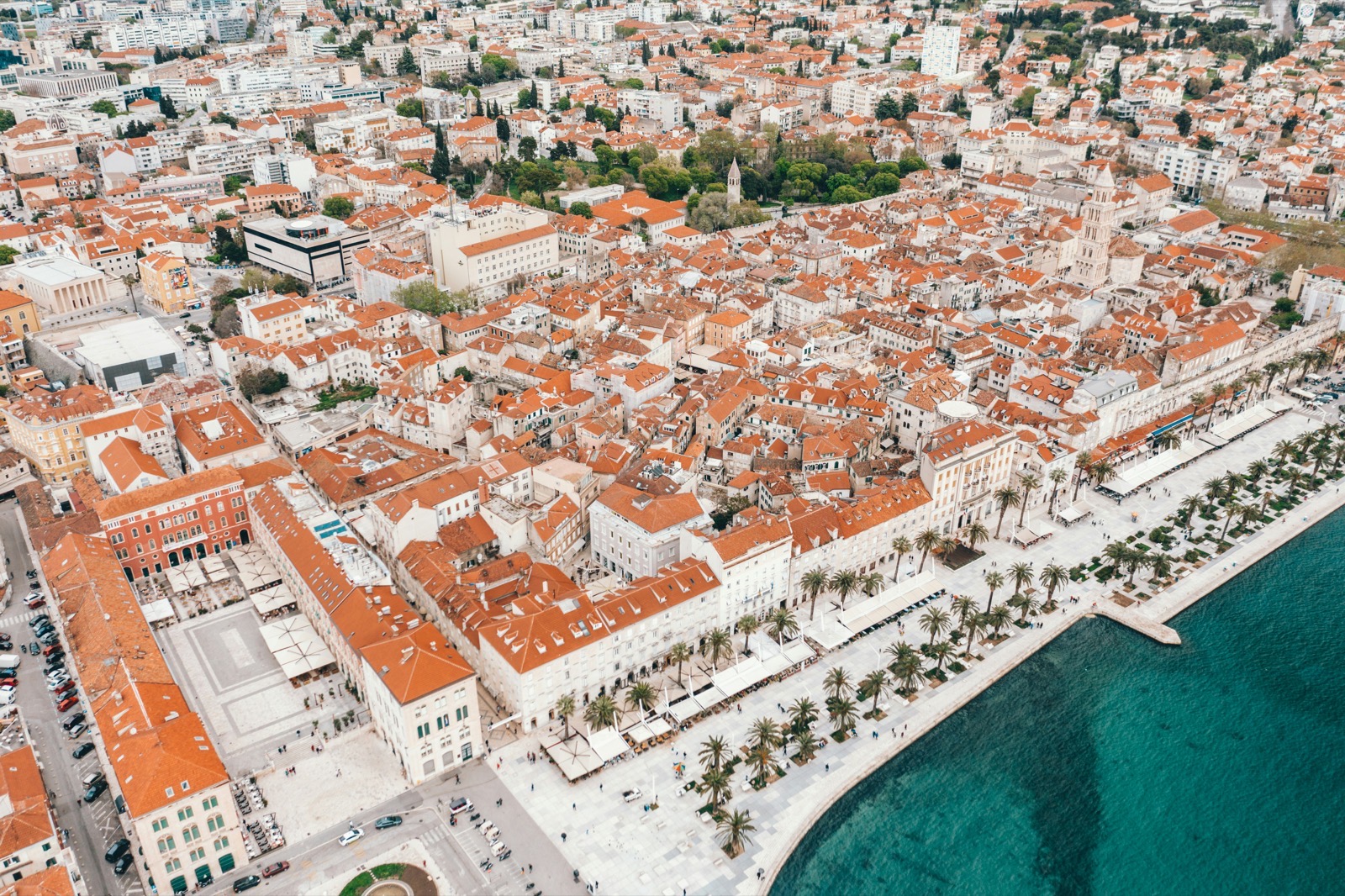 Aerial view of Split old town and the cruise harbor on the Dalmatian coast