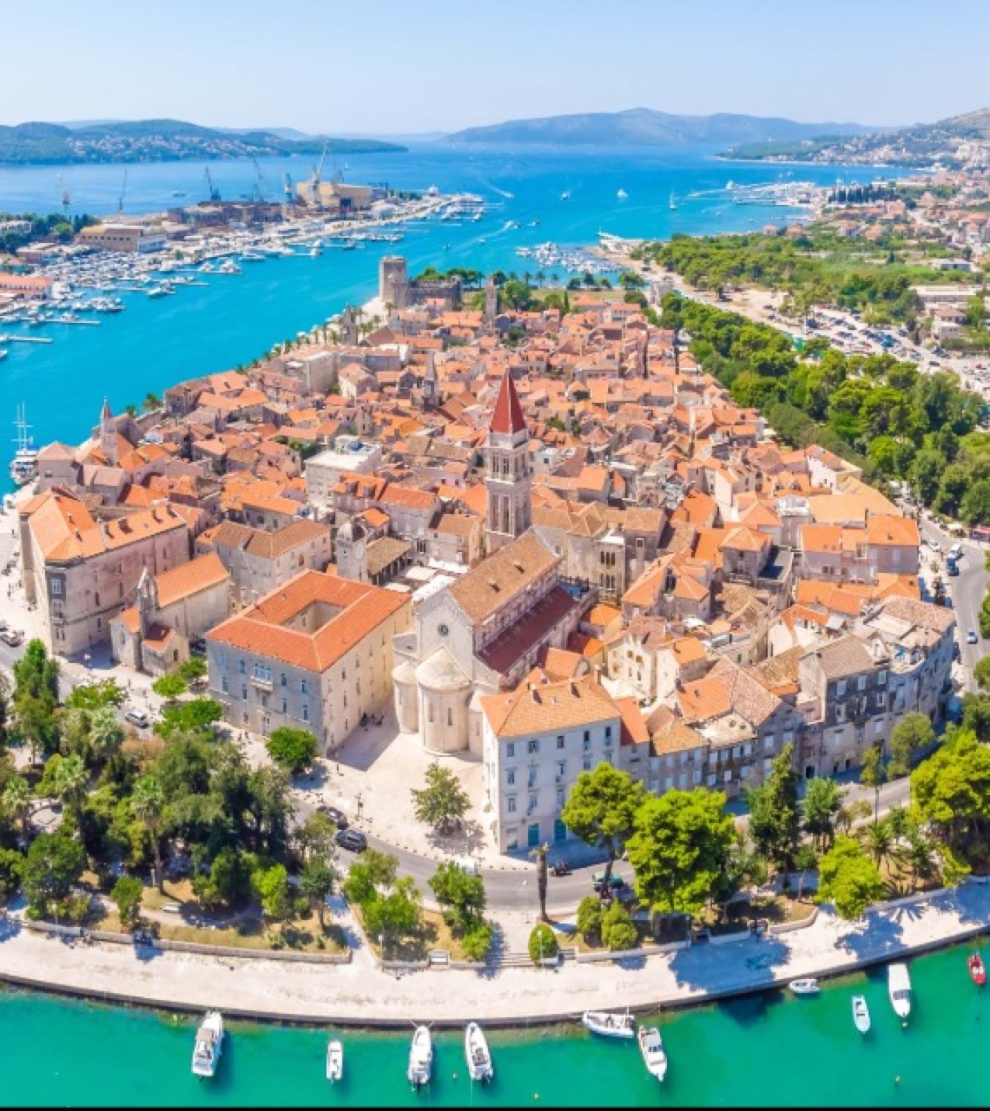 Aerial view of Trogir old town, a UNESCO medieval island between the Croatian mainland and Čiovo